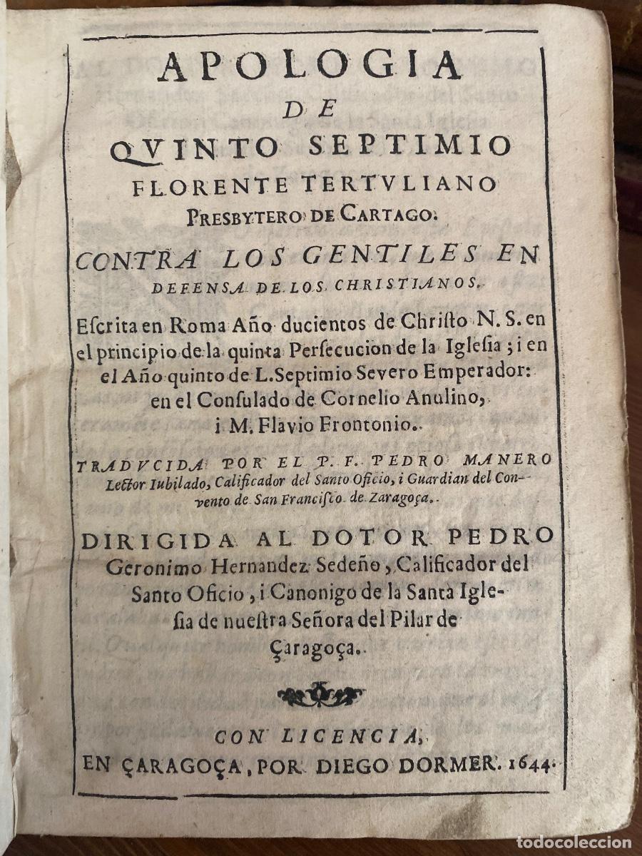 Libros antiguos: Apologia de Quinto Septimio Florente Tertuliano,1644 presbytero de Cartago, contra los gentiles