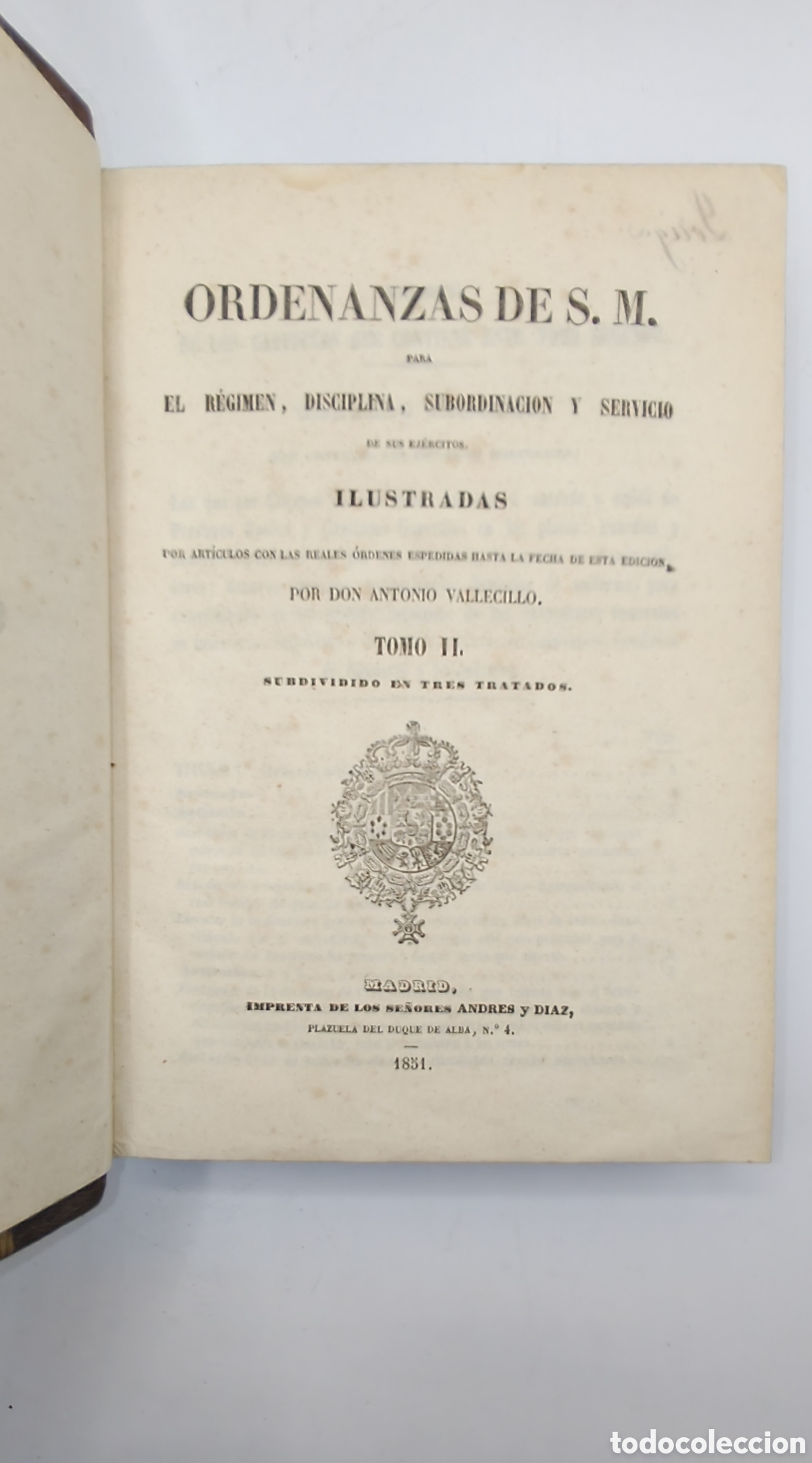 Libros antiguos: Libro Ordenanzas de S.M. Ej&eacute;rcitos. Tomo II: Honores Militares (s. XIX, ca. 1848). Encuadernaci&oacute;n Pi