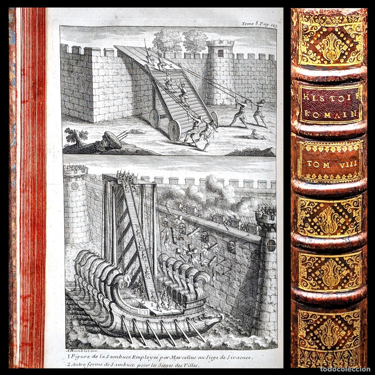 Old books: A&ntilde;o 1726 Asedio mar&iacute;timo Maquinas y torres de asedio romanas Historia de Roma Siracusa Grabados
