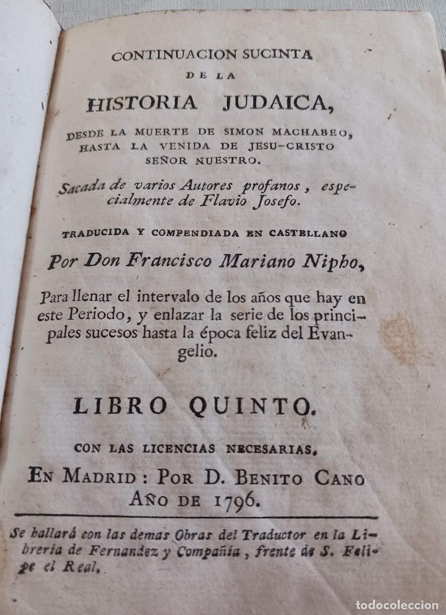Libros antiguos: RARO: CONTINUACI&Oacute;N SUCINTA DE LA HISTORIA JUDAICA (1796) - FLAVIO JOSEFO, ANTIGUEDADES JUDAICAS