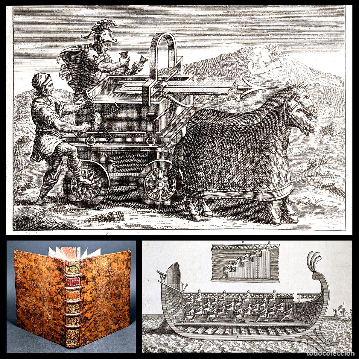 Libros antiguos: A&ntilde;o 1726 Catapultas Barcos de guerra Quinquerreme Navegaci&oacute;n Maquinas Historia de Roma Grabados
