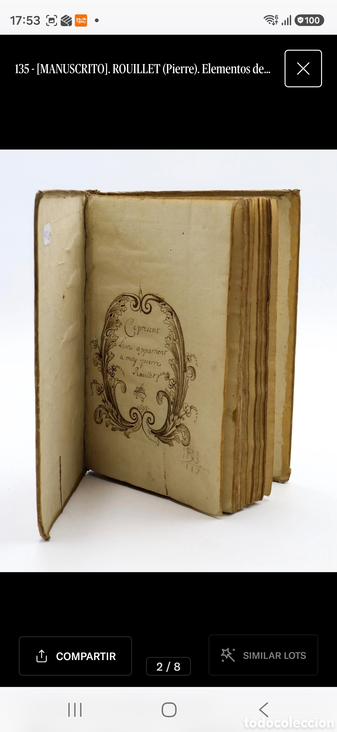 Libros antiguos: [MANUSCRITO] ROUILLET Pierre. Elementos de geometr&iacute;a - Tratado de fortificaciones, hacia 1693