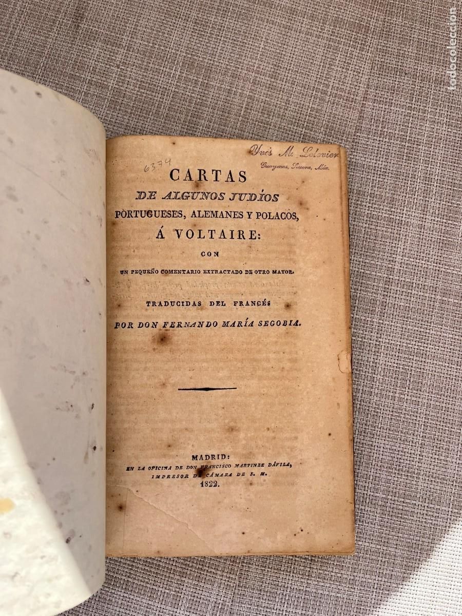 Libros antiguos: Cartas de algunos jud&iacute;os portugueses, alemanes y polacos a Voltaire