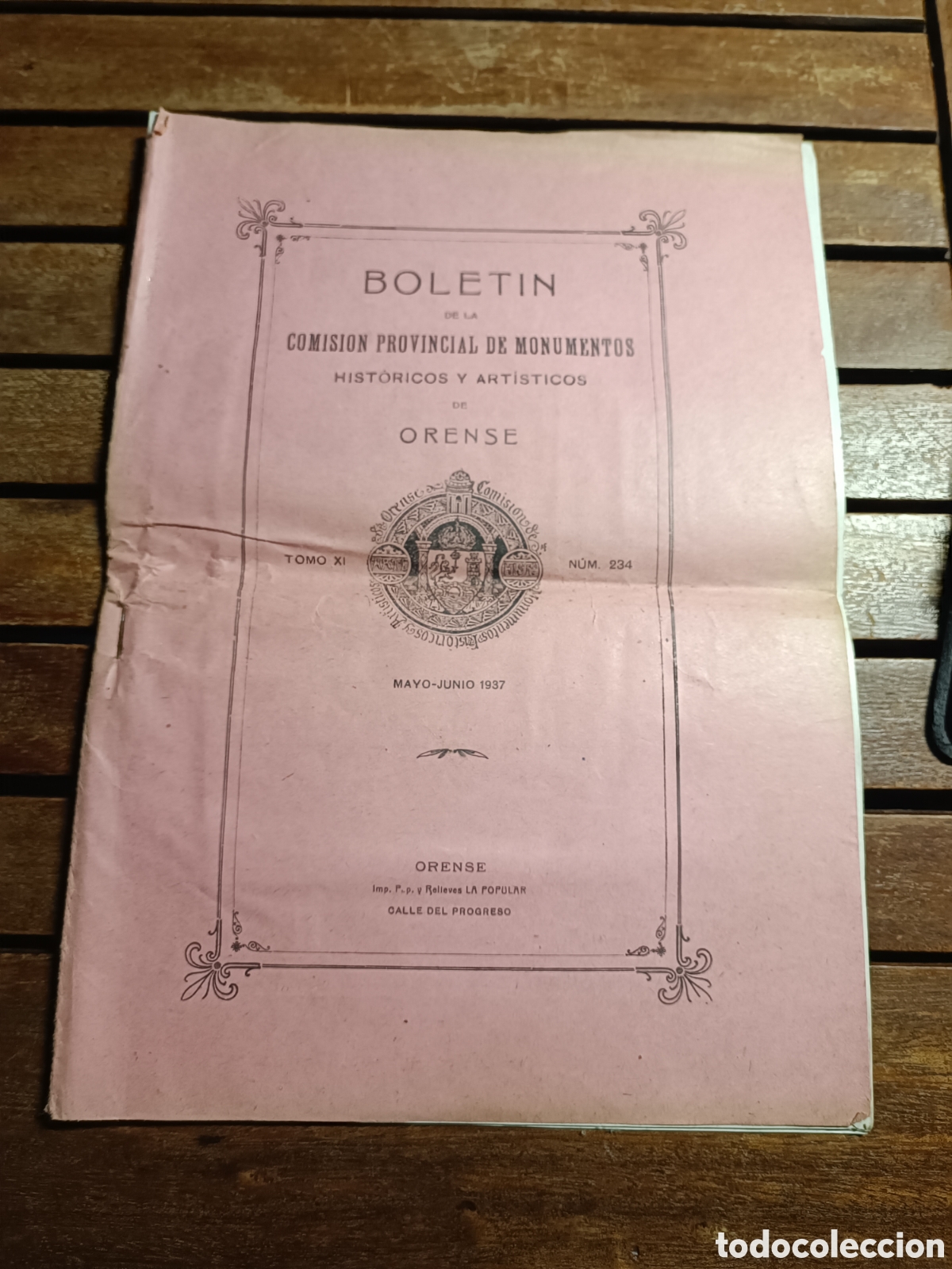Libros antiguos: BOLET&Iacute;N de la Comisi&oacute;n de Monumentos Hist&oacute;ricos y Art&iacute;sticos de Orense. Tomo XI, 1937, N&ordm; 234 Mon