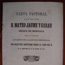 Libros antiguos: CARTA PASTORAL QUE EL OBISPO DE MENORCA DIRIGE A SUS DIOCESANOS. MAHON, 1867. BALEARES.. Lote 80730542