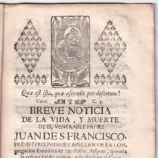 Libros antiguos: BREVE NOTICIA DE LA VIDA Y MUERTE DEL VENERABLE JUAN DE SAN FRANCISCO. CÓRDOBA, 1766. RARO IMPRESO