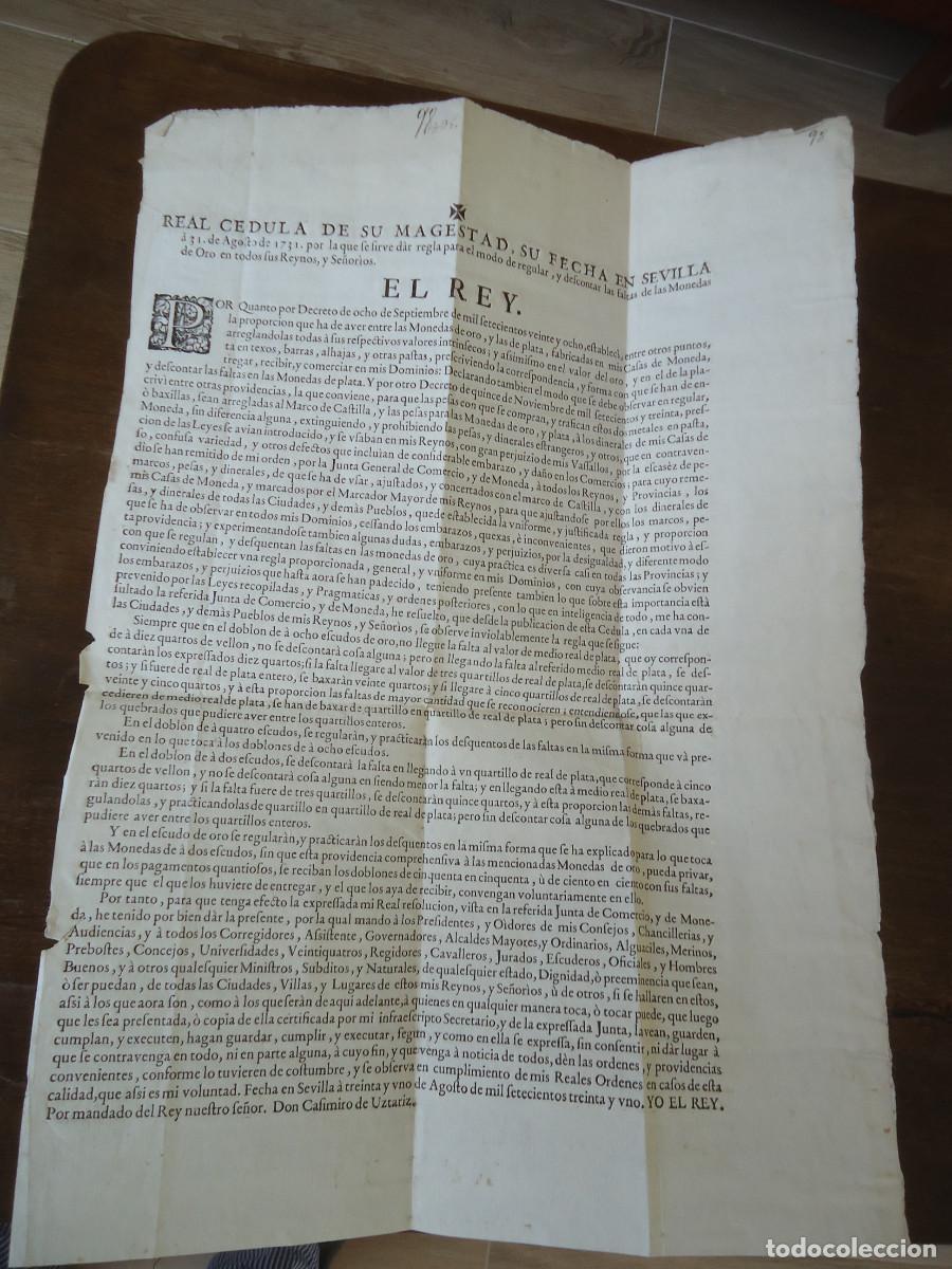 Libros antiguos: Felipe V. Real Cedula ... regular y descontar las faltas de las monedas de oro. Sevilla 1731