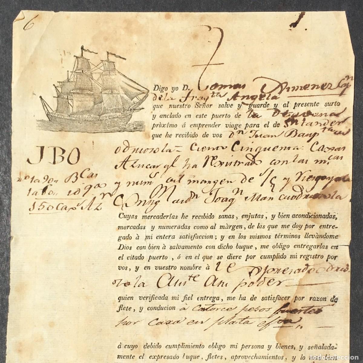 Libros antiguos: A&ntilde;o 1813 - Manuscrito - p&oacute;liza de seguro mar&iacute;timo - Habana - Santander - Fragata Angela