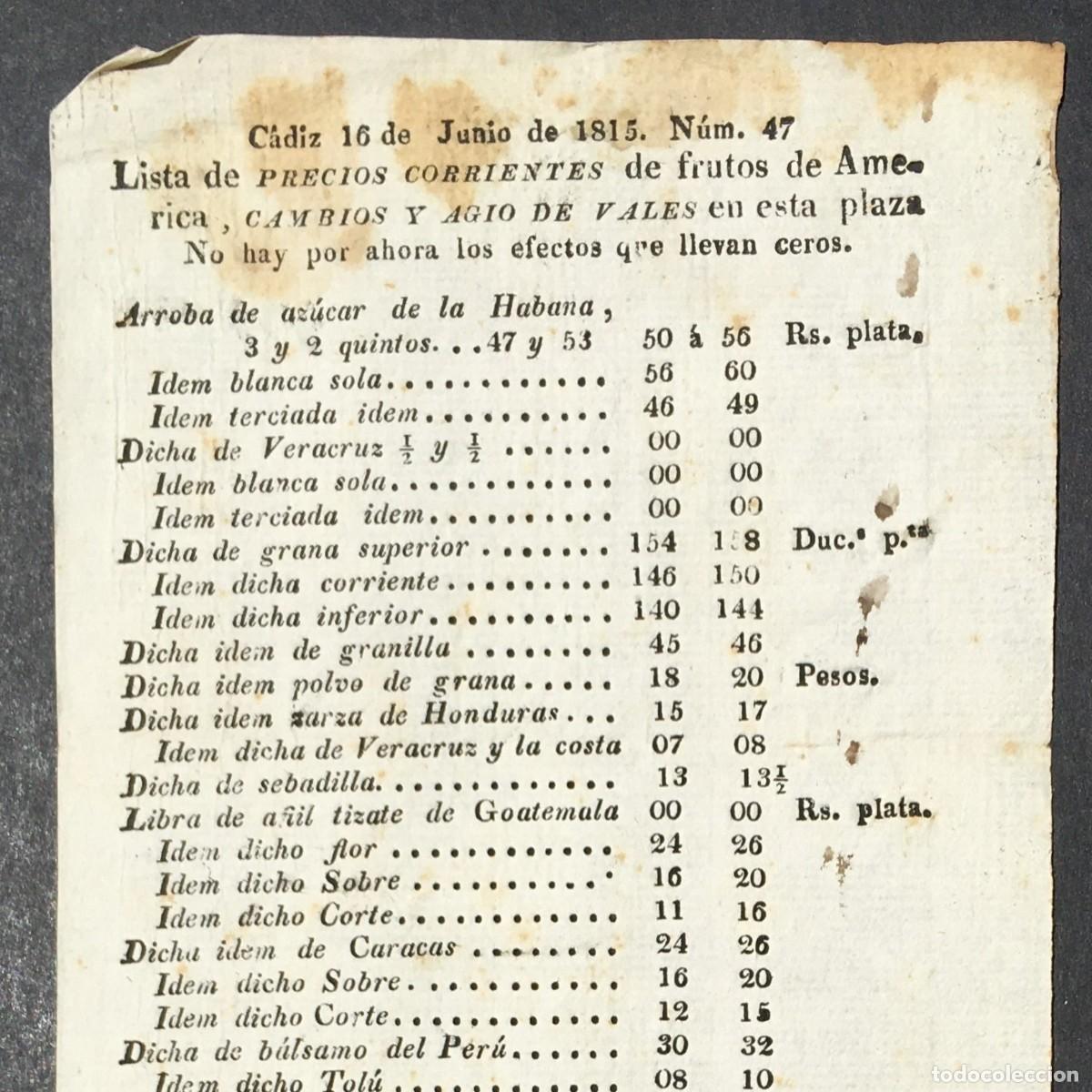 Libros antiguos: A&ntilde;o 1815 - C&aacute;diz - Am&eacute;rica - precios corrientes de productos - Comercio
