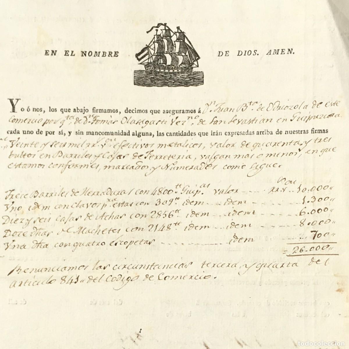Libros antiguos: A&ntilde;o 1830 - Manuscrito - p&oacute;liza de seguro mar&iacute;timo - Habana - Santander - San Sebasti&aacute;n - Guipuzcua