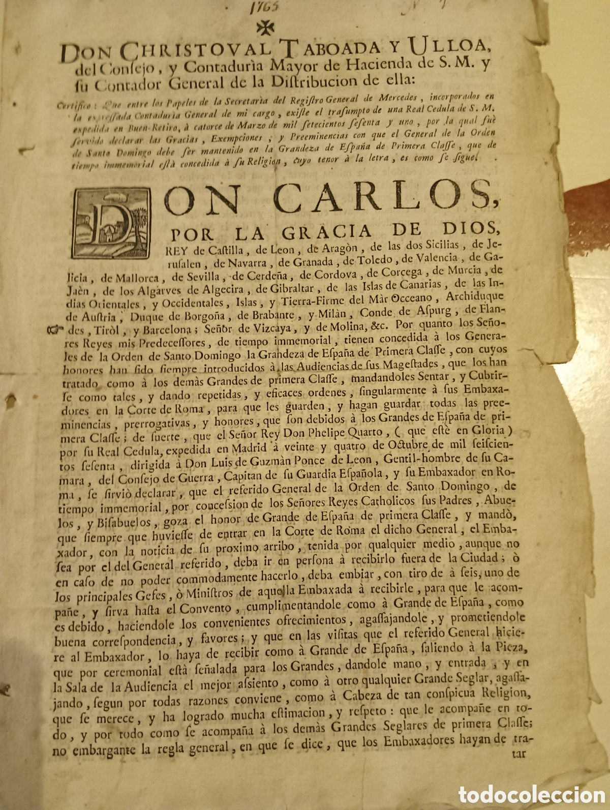 Libros antiguos: Documento por el que se confirma al general de los dominicos como grande de Espa&ntilde;a 1761