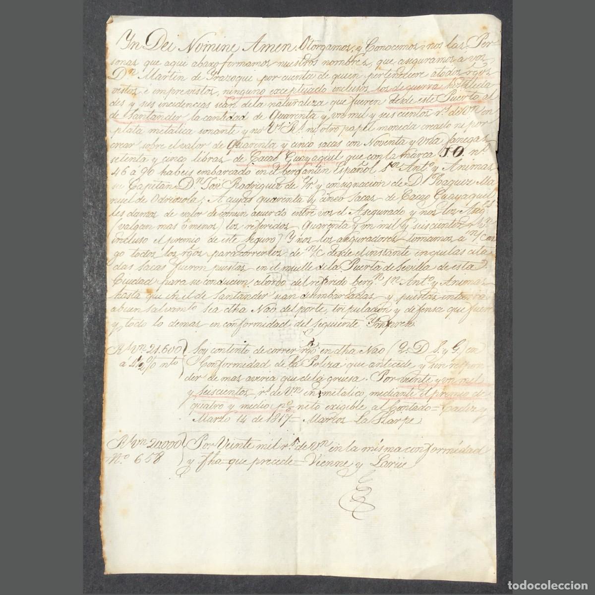 Libros antiguos: A&ntilde;o 1817 - Manuscrito se seguro de un barco de un comerciante Vasco - C&aacute;diz - Santander - Armada
