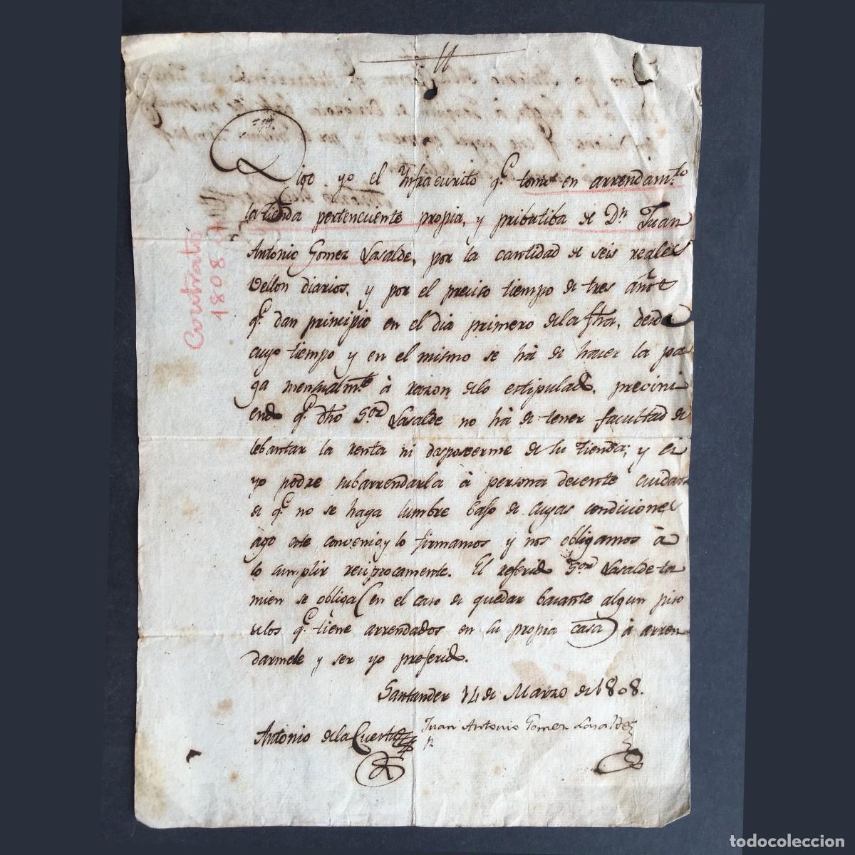Libros antiguos: A&ntilde;o 1808 - Manuscrito de un contrato de arrendamiento de una tienda en Santander