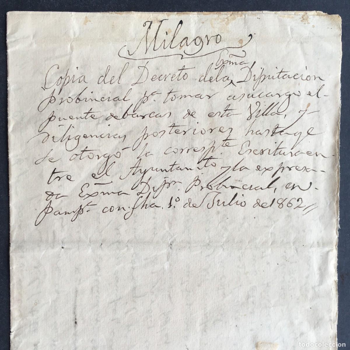 Libros antiguos: A&ntilde;o 1862 - Milagro - Navarra - Manuscrito - Puente de Barcas - Historia