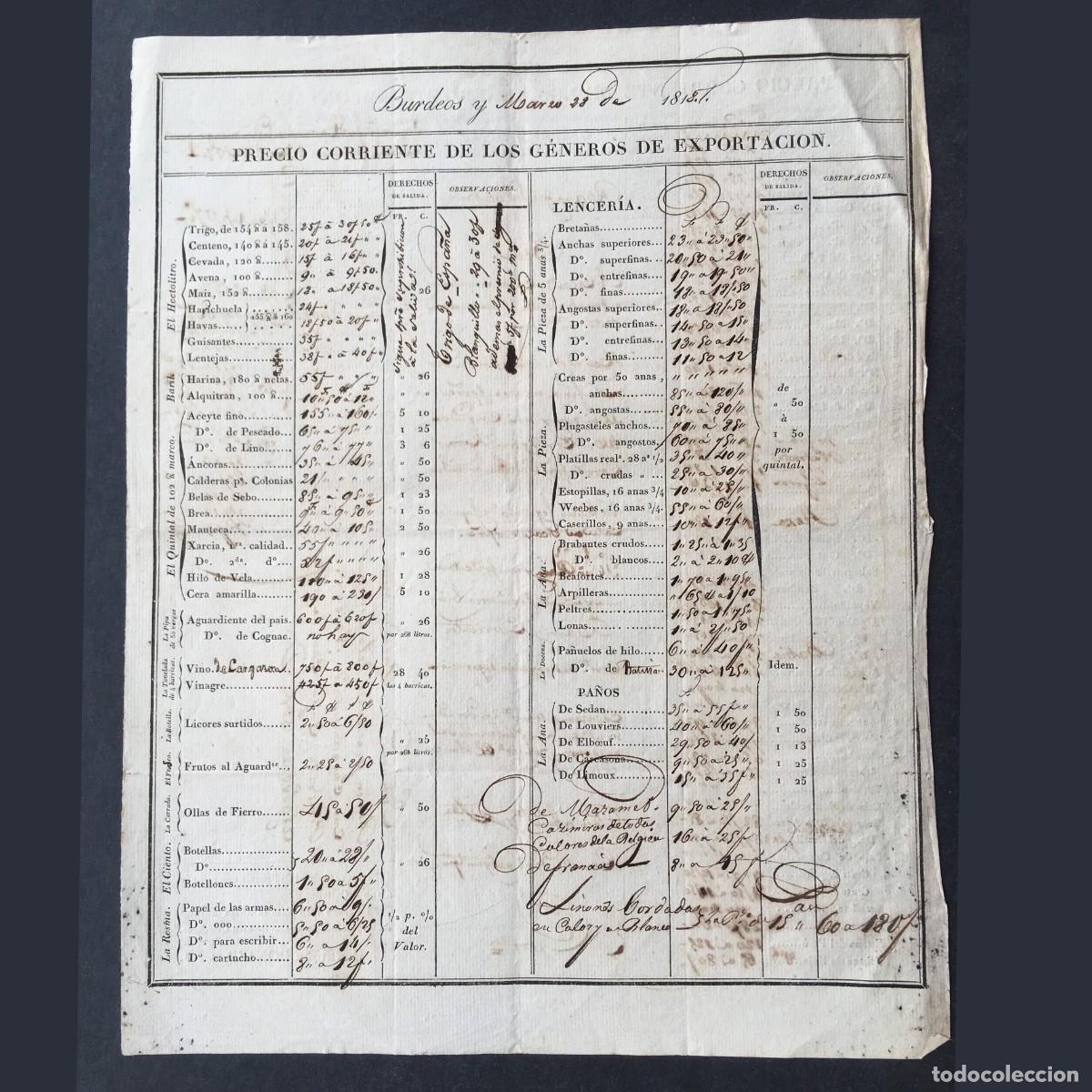 Libros antiguos: A&ntilde;o 1818 - Puerto de Burdeos - Comercio mar&iacute;timo - Precios Mercanc&iacute;as - Manuscrito