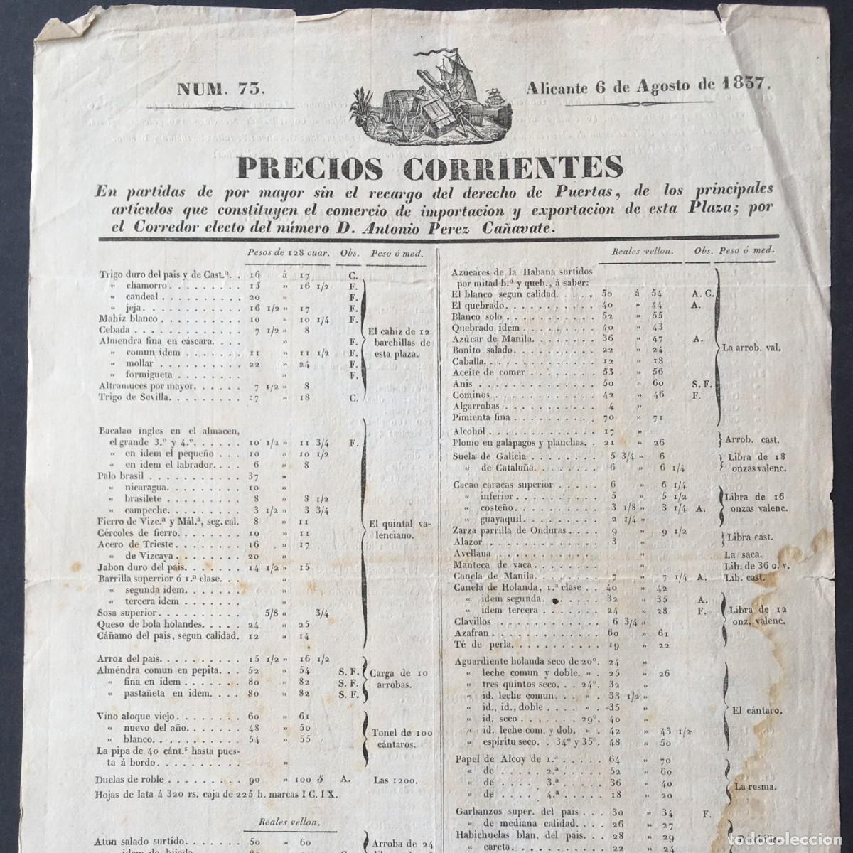 Libros antiguos: A&ntilde;o 1837 - Puerto de Alicante - Comercio mar&iacute;timo - Precios Mercanc&iacute;as - Buques que atracaron