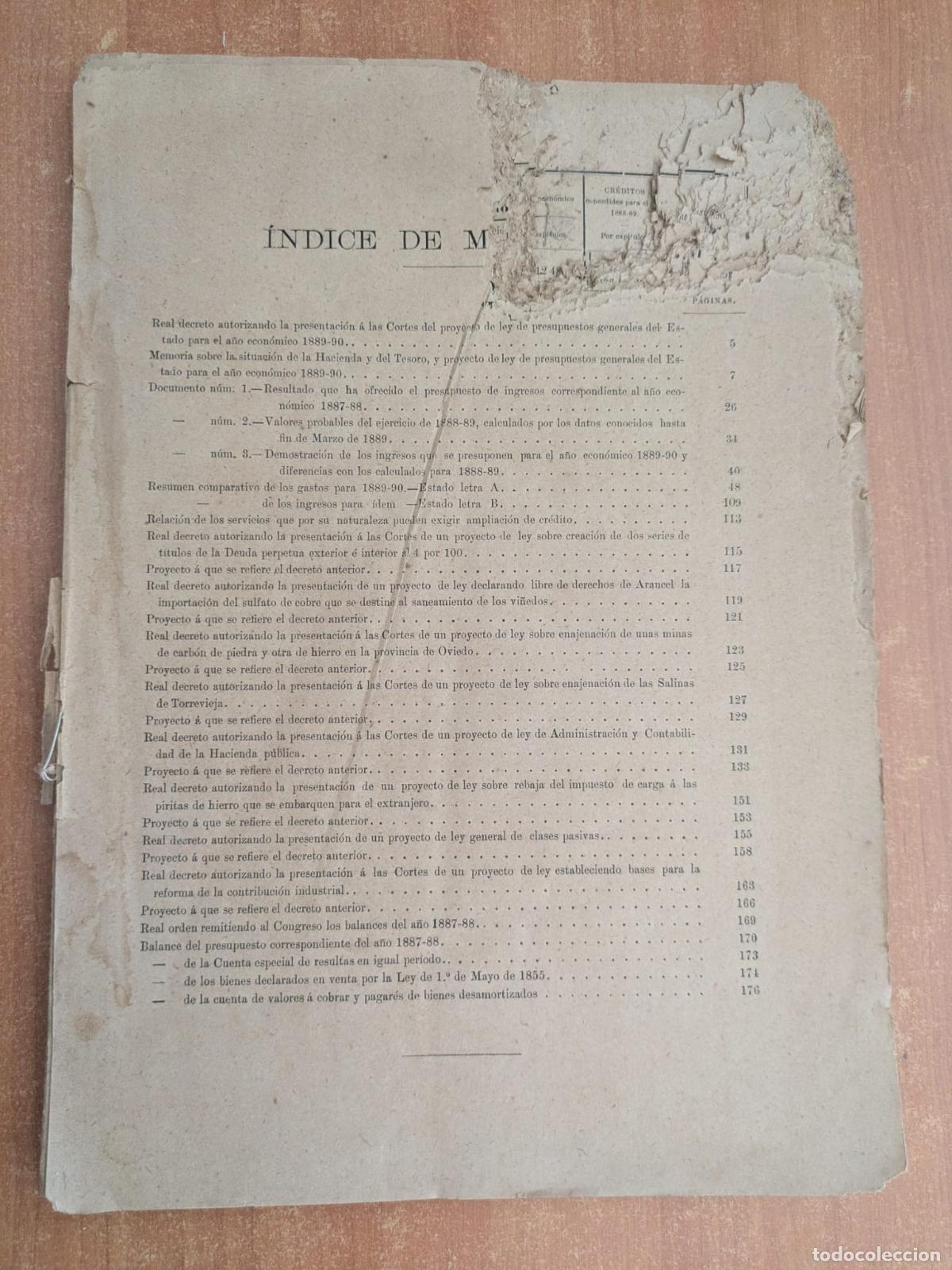 Libros antiguos: Indice Sesiones Cortes Generales. A&ntilde;o 1878 creo. Con rotura.
