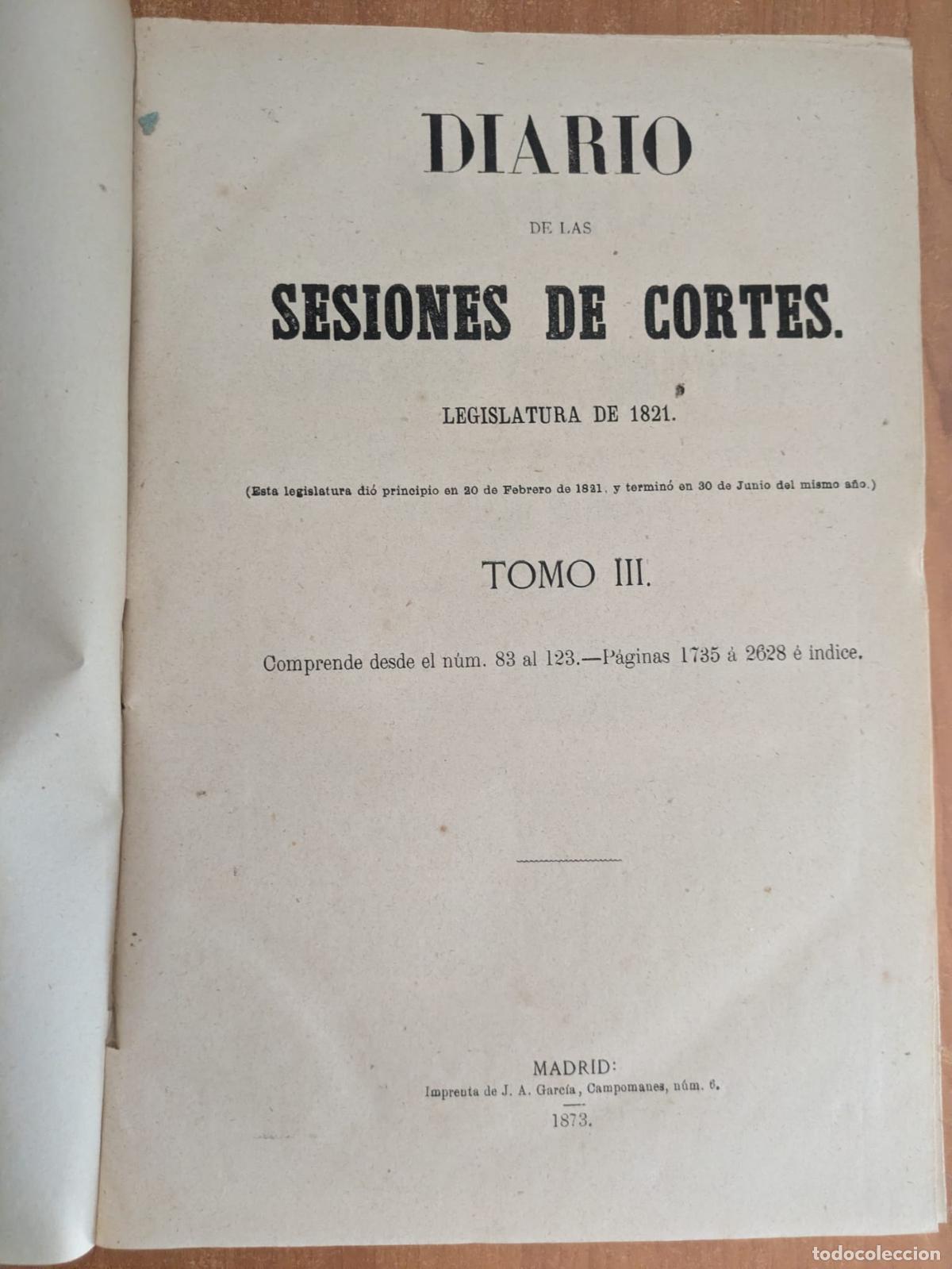 Libros antiguos: Diario de las Sesiones de C&oacute;rtes. Legislatura de 1821. Tomo III.