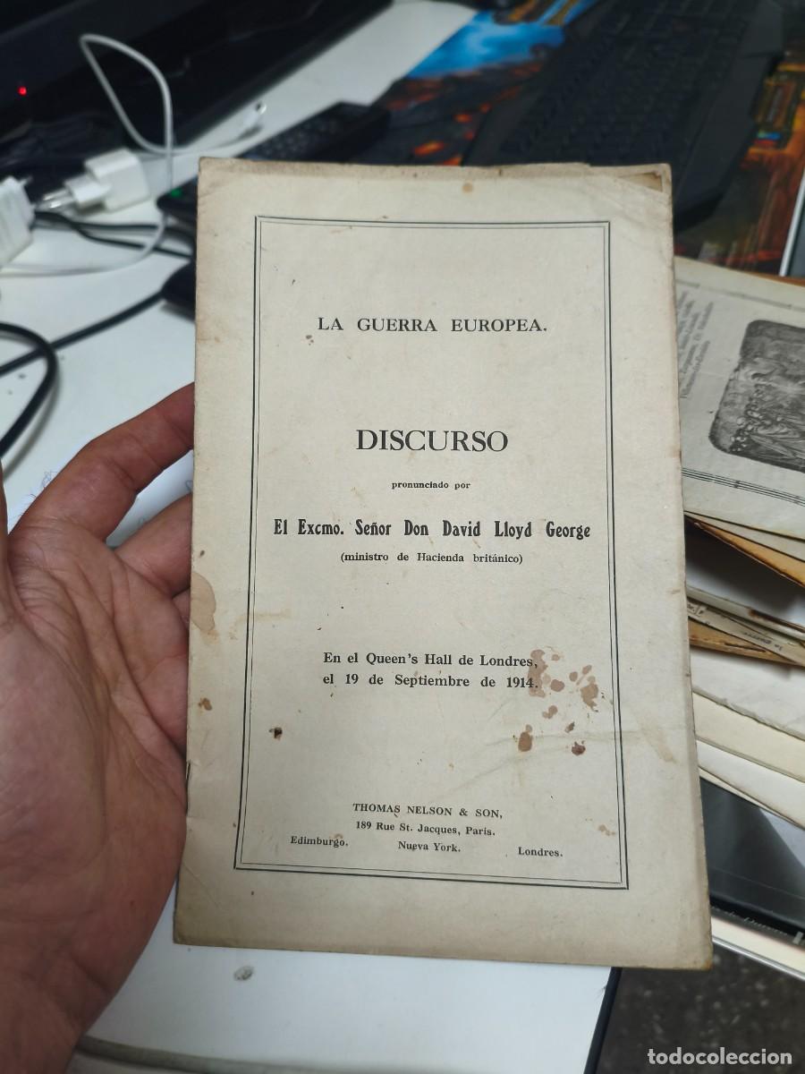 Libros antiguos: Discurso sobre la Guerra Europea. David Lloyd, el 19-9-1914. Consulado Brit&aacute;nico en Valencia.