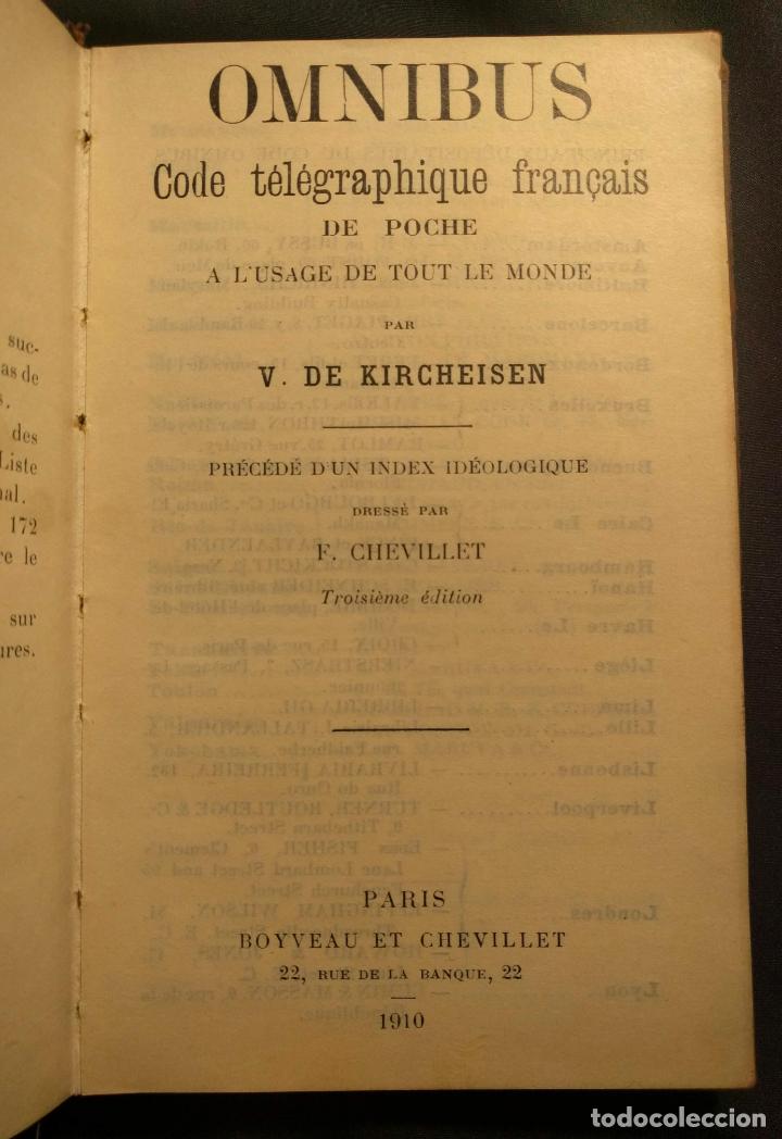 Libros antiguos: Omnibus. Code télégraphique français de poche a lusage de tout le monde par V. de Kircheisen. - Foto 3 - 190708230