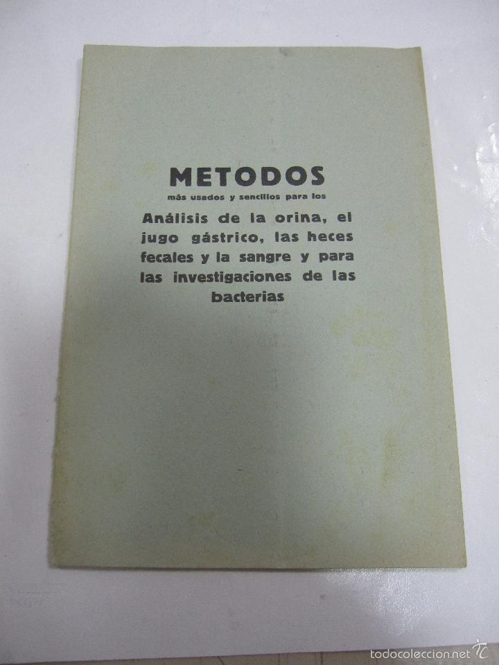 Libri antichi: METODOS PARA ANALISIS DE LA ORINA, EL JUGO GASTRICO, LAS HECES Y SANGRE. MADRID. 15 PAGINAS.