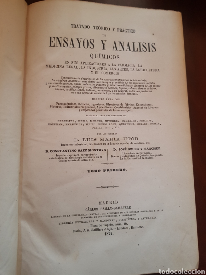 Livres anciens: Raro libro de tratado te&oacute;rico y pr&aacute;ctico de ensayos y an&aacute;lisis qu&iacute;micos de Luis Mar&iacute;a Utor 1872