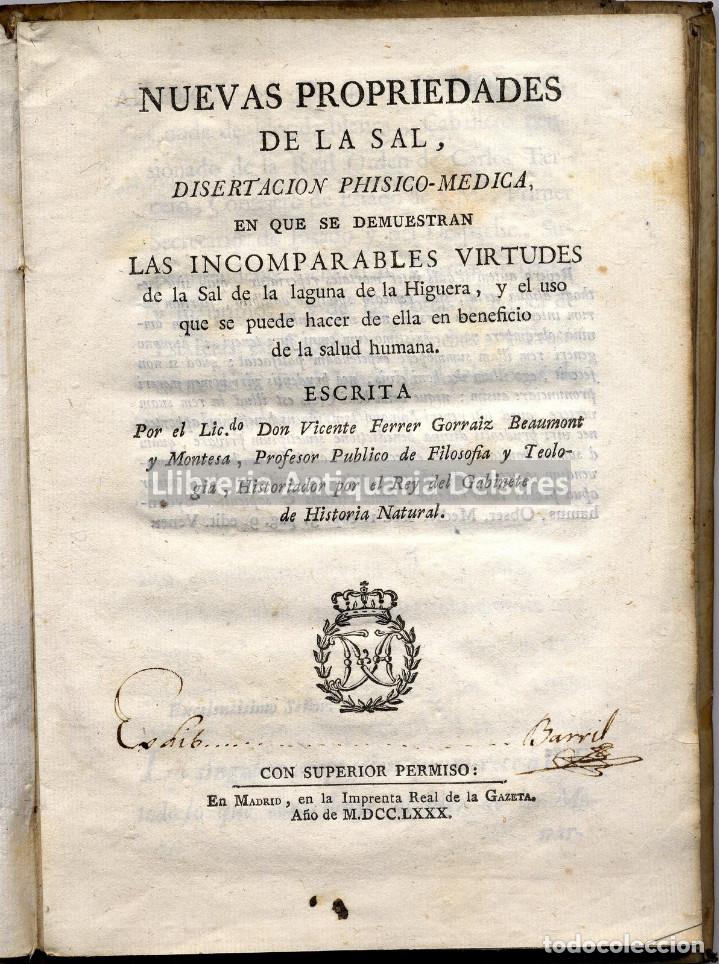 Libros antiguos: [Sal. Madrid, 1780] Gorraiz Beaumont y Montesa, Vicente Ferrer. Nuevas propiedades de la sal...