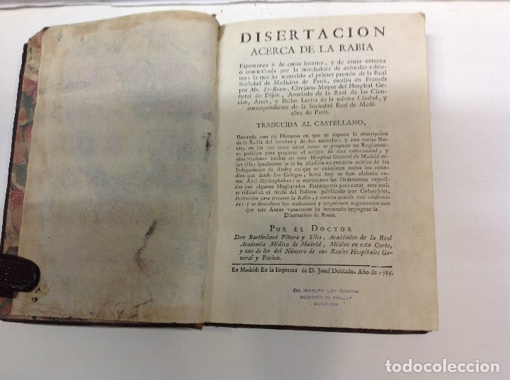 Libros antiguos: LE ROUX ... DISERTACION ACERCA DE LA RABIA ... 1786
