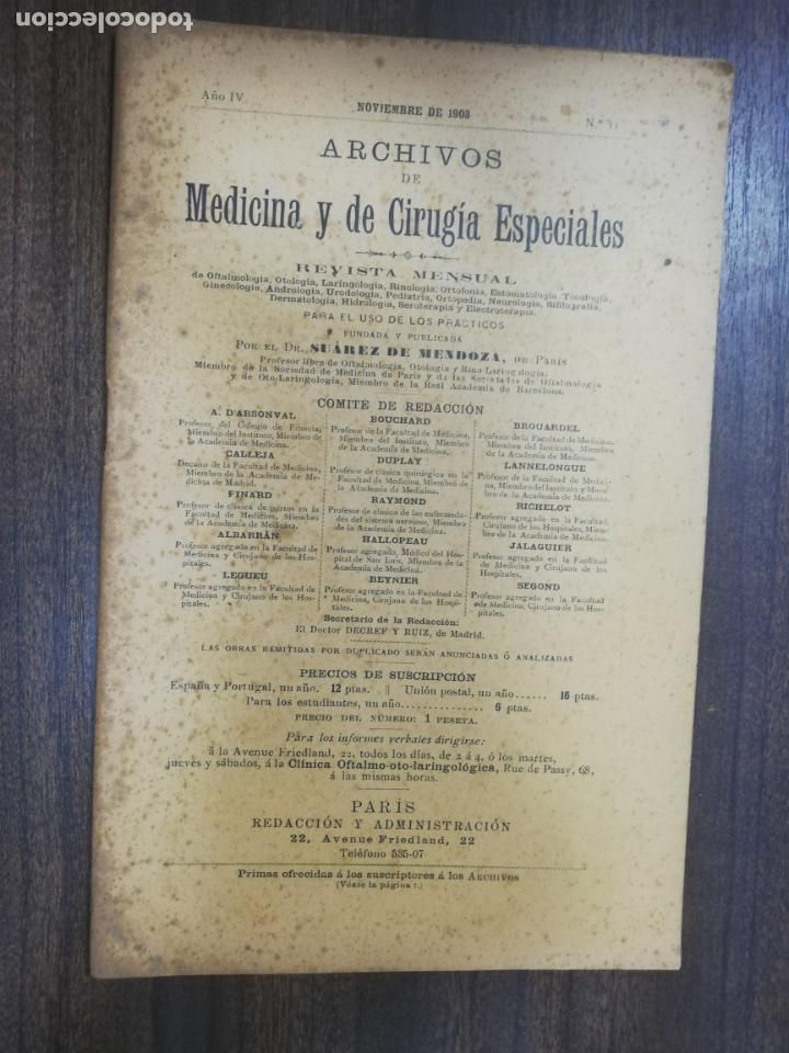 Antiquarische B&uuml;cher: ARCHIVOS DE MEDICINA Y DE CIRUGIA ESPECIALES. DR. SUAREZ DE MENDOZA. N&ordm; 11. 1903.