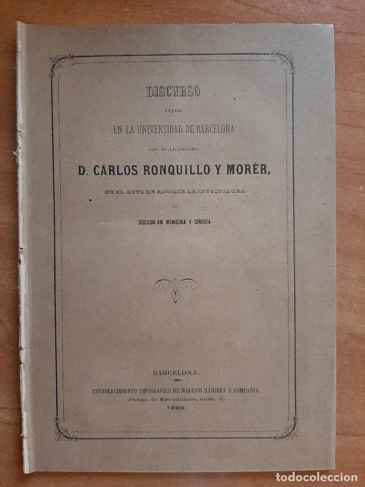 1869 DISCURSO EN LA UNIVERSIDAD DE MEDICINA DE BARCELONA - DR. CARLOS RONQUILLO Y MORÉR (Libros Antiguos, Raros y Curiosos - Ciencias, Manuales y Oficios - Medicina, Farmacia y Salud)