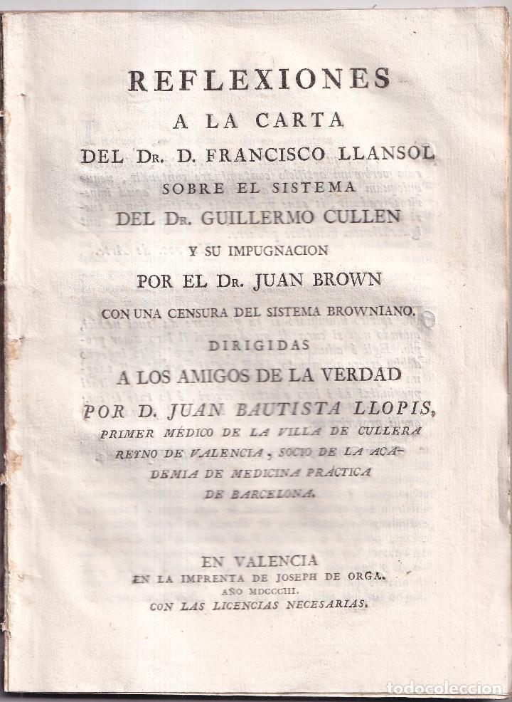 Libri antichi: JUAN BAUTISTA LLOPIS: REFLEXIONES A LA CARTA DEL DR. LLANSOL SOBRE EL SISTEMA DEL DR. CULLEN. 1803