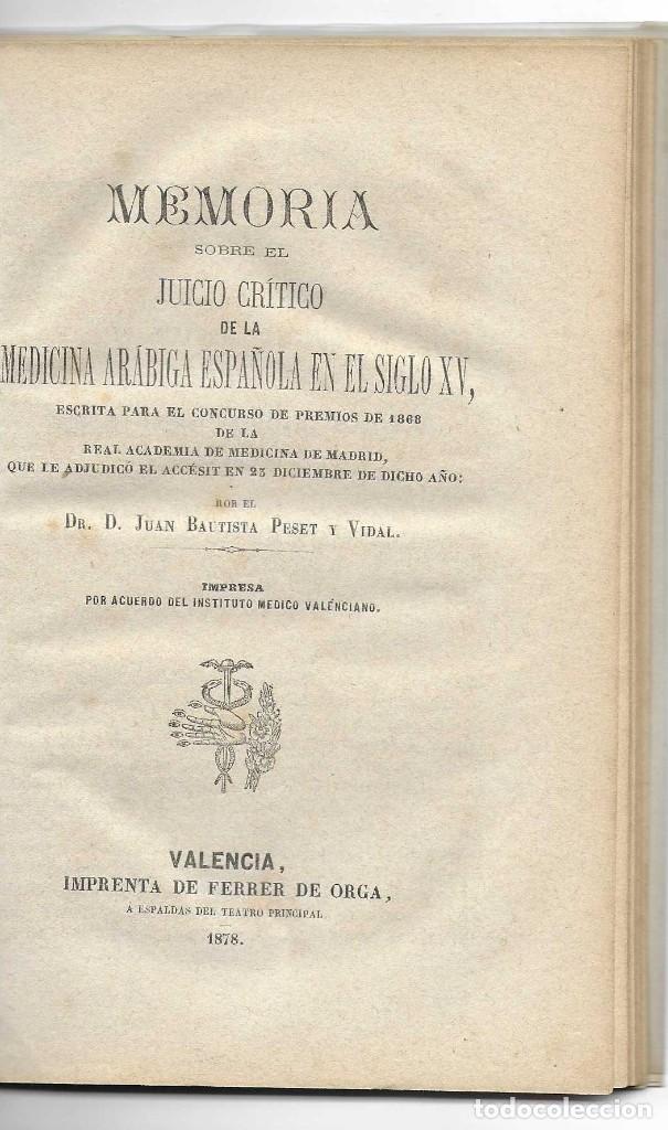 Antiquarische B&uuml;cher: MEMORIA SOBRE EL JUICIO CRITICO DE LA MEDICINA ARABIGA ESPA&Ntilde;OLA EN EL SIGLO XV. Valencia 1878
