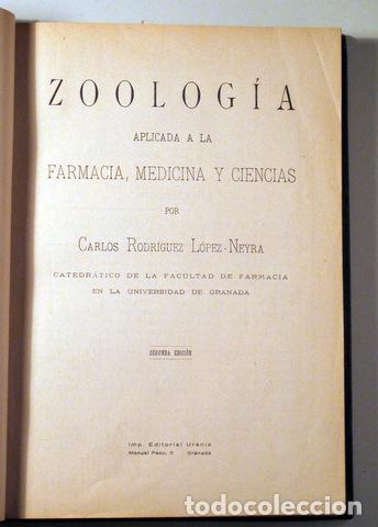 Libros antiguos: RODRIGUEZ, Carlos - ZOOLOG&Iacute;A APLICADA A LA FARMACIA, MEDICINA Y CIENCIAS - Granada s/f - Ilustrado