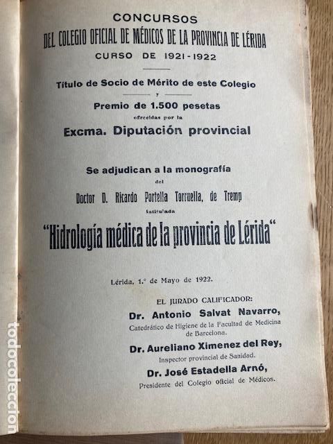 Libros antiguos: Hidrolog&iacute;a M&eacute;dica de la Provincia de L&eacute;rida. 1922. Doctor D. Ricardo Portella Torruella de Tremp