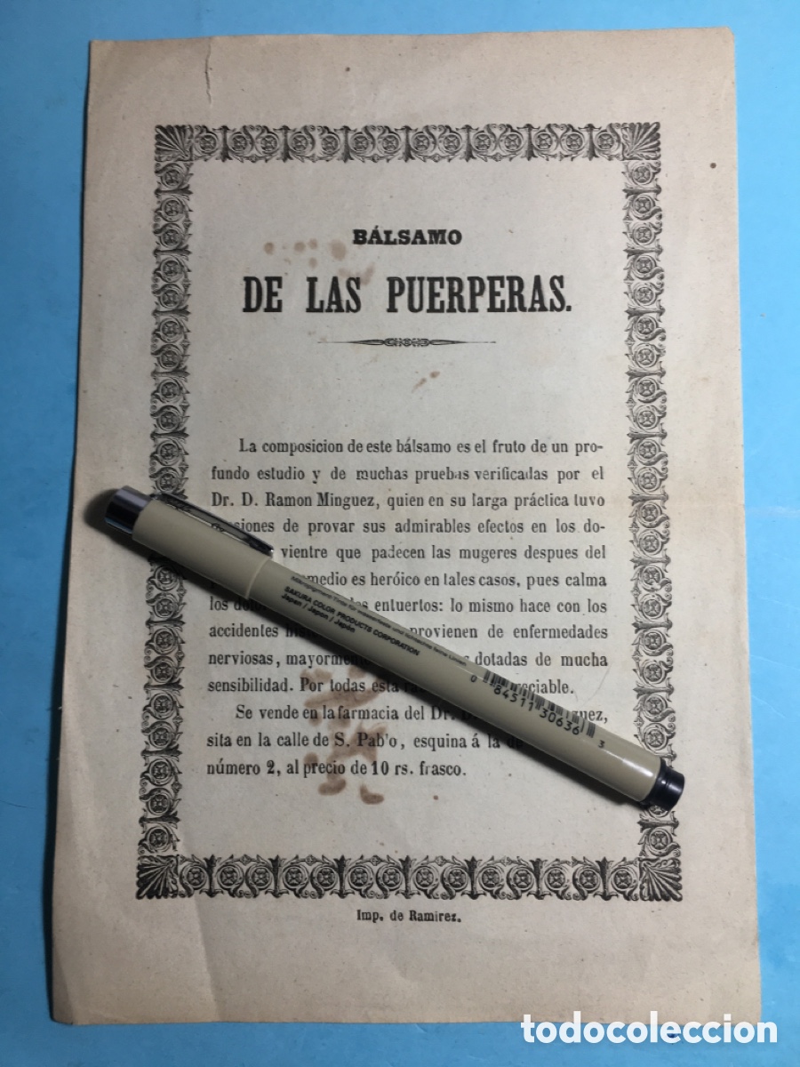 Libros antiguos: XIX HOJA VOLANDERA BALSAMO DE LAS PUERPERAS (PUERPERIO Y ENTUERTOS) DEL DR. RAMON MINGUEZ