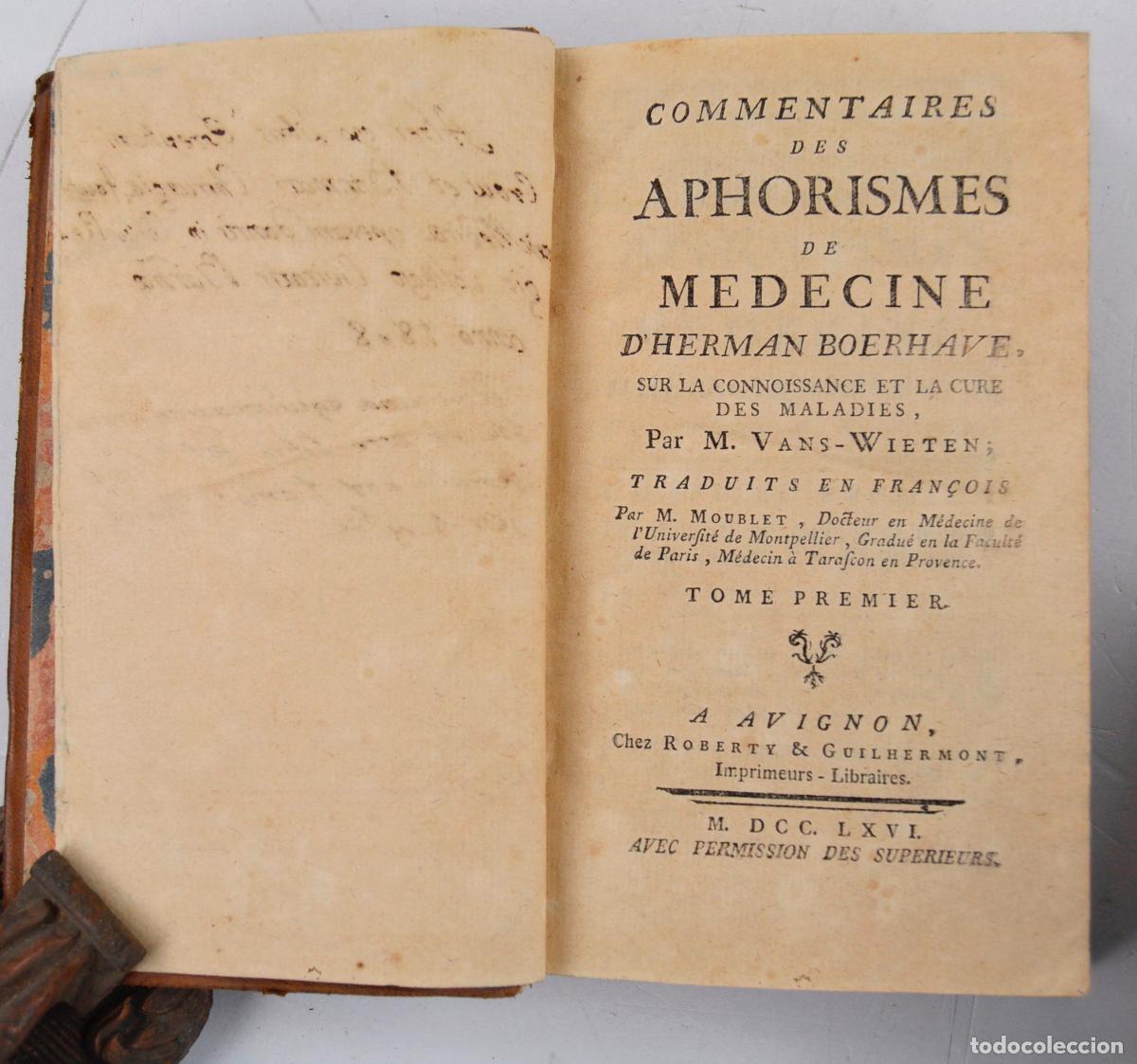 Libros antiguos: Commentaires des Aphorismes de m&eacute;decine, 2 tomos, 1766, Herman Boerhaave, Avignon.