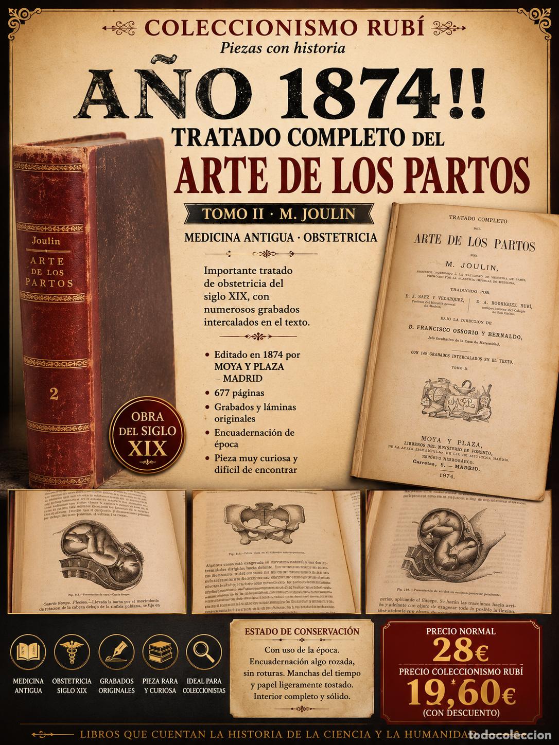 Libros antiguos: RARO LIBRO MEDICINA 1874!! ARTE DE LOS PARTOS / OBSTETRICIA / GRABADOS / M. JOULIN