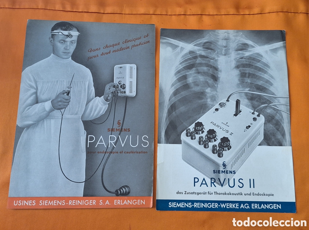 Libros antiguos: Antigua Pareja de Publicidad Aparato Endoscopia y Cauterizaci&oacute;n Parvus Siemens
