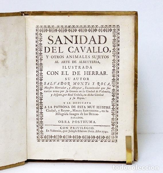 Libros antiguos: MONT&Oacute; Y ROCA (Salvador). Sanidad del cavallo [caballo] y otros animales sujetos al arte de albeyter&iacute;