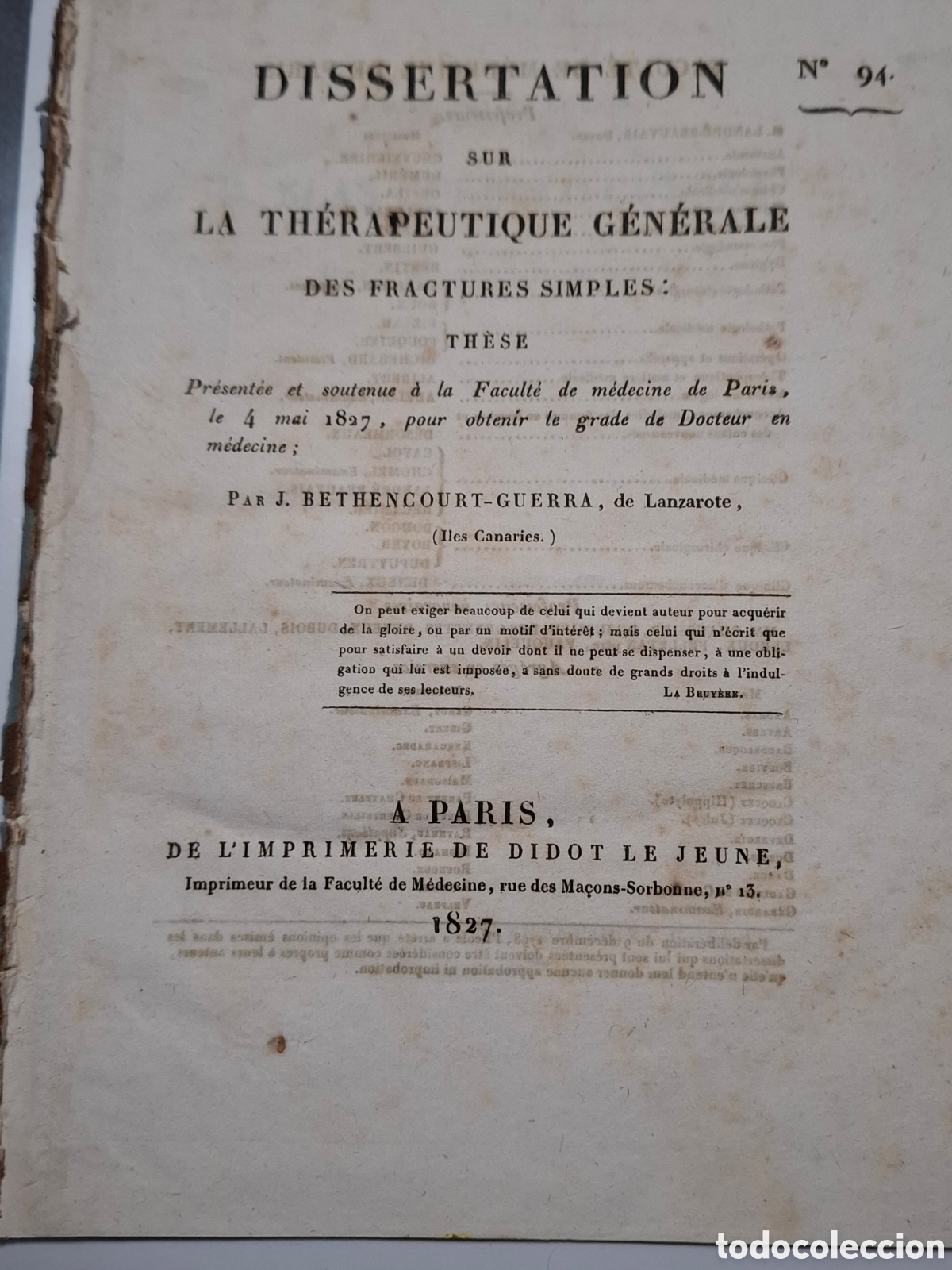 Libros antiguos: JOSE BETHENCOURT GUERRA. 1824 PARIS. LANZAROTE THERAPEUTICA MEDICINA