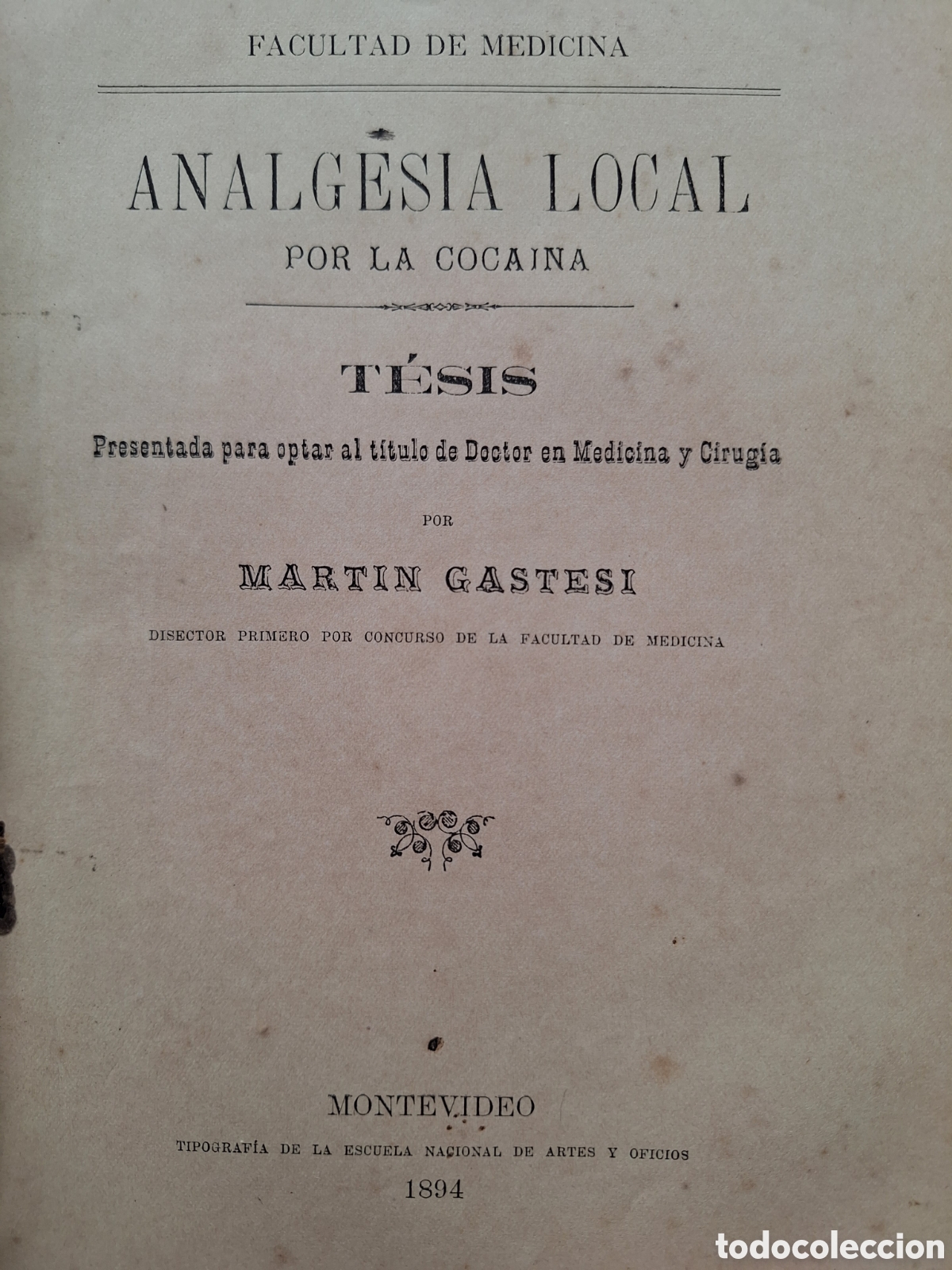 Libros antiguos: TESIS DOCTOR EN NEDICINA POR MARTIN GASTESI ANALGESIA LOCAL POR LA COCAINA 1894 MONTEVIDEO