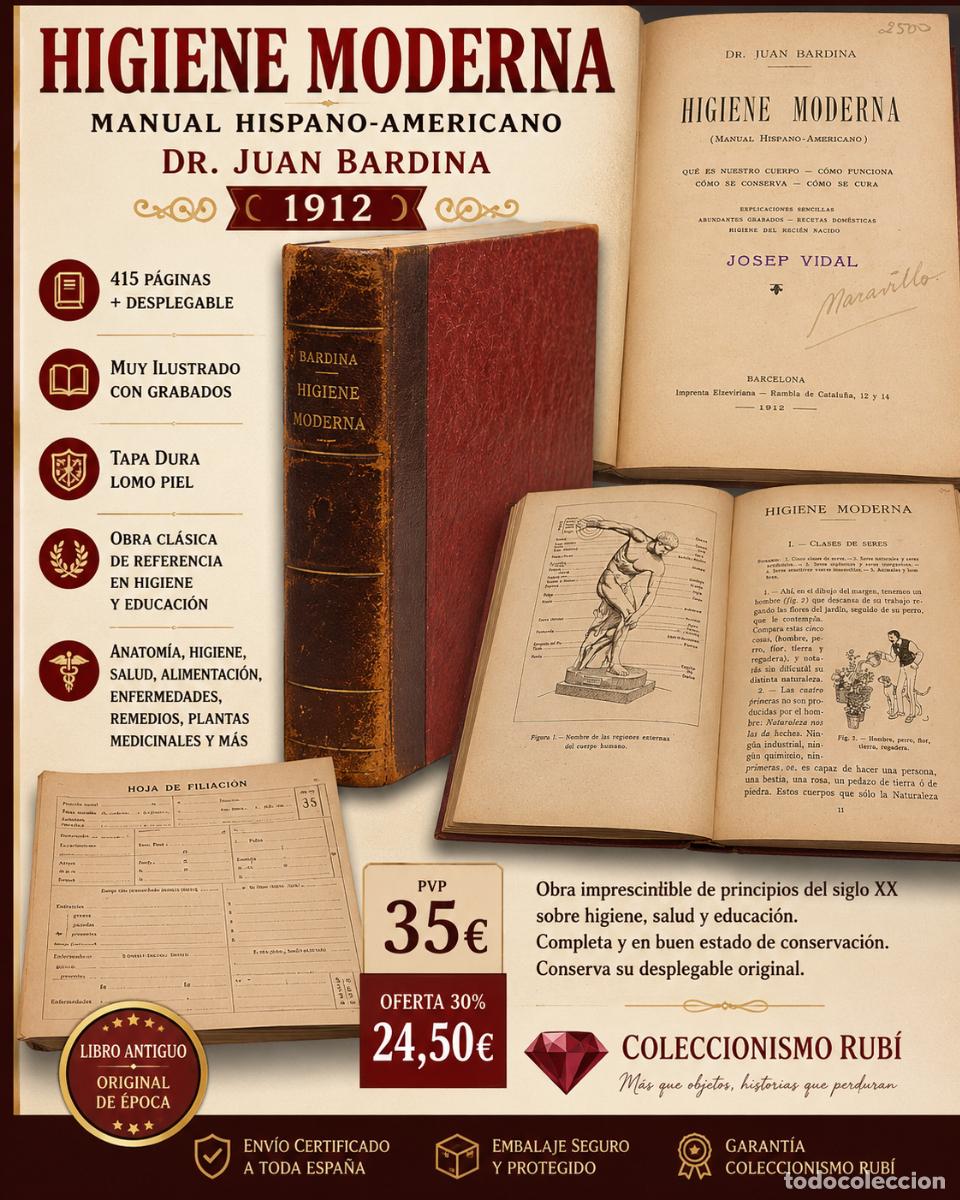 Libros antiguos: 1912 | HIGIENE MODERNA | JUAN BARDINA | MANUAL HISPANO AMERICANO | MUY ILUSTRADO