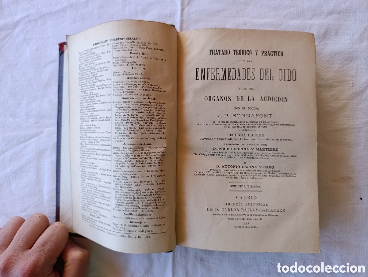 Libros antiguos: Tratado te&oacute;rico y pr&aacute;ctico de las enfermedades del o&iacute;do y de los &oacute;rganos de la audici&oacute;n &ndash; Bonnafont