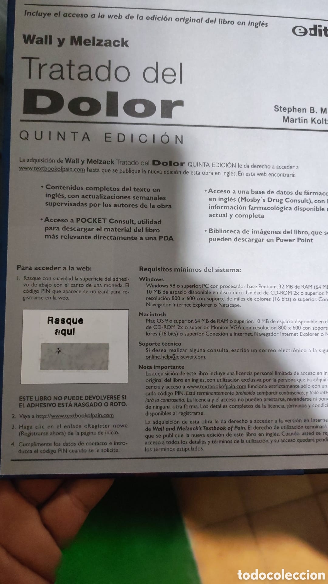 Libros antiguos: Tratado del Dolor (Wall y Melzack) - 5.&ordf; Edici&oacute;n en Espa&ntilde;ol (Elsevier / Mosby, 2007) - Impecable
