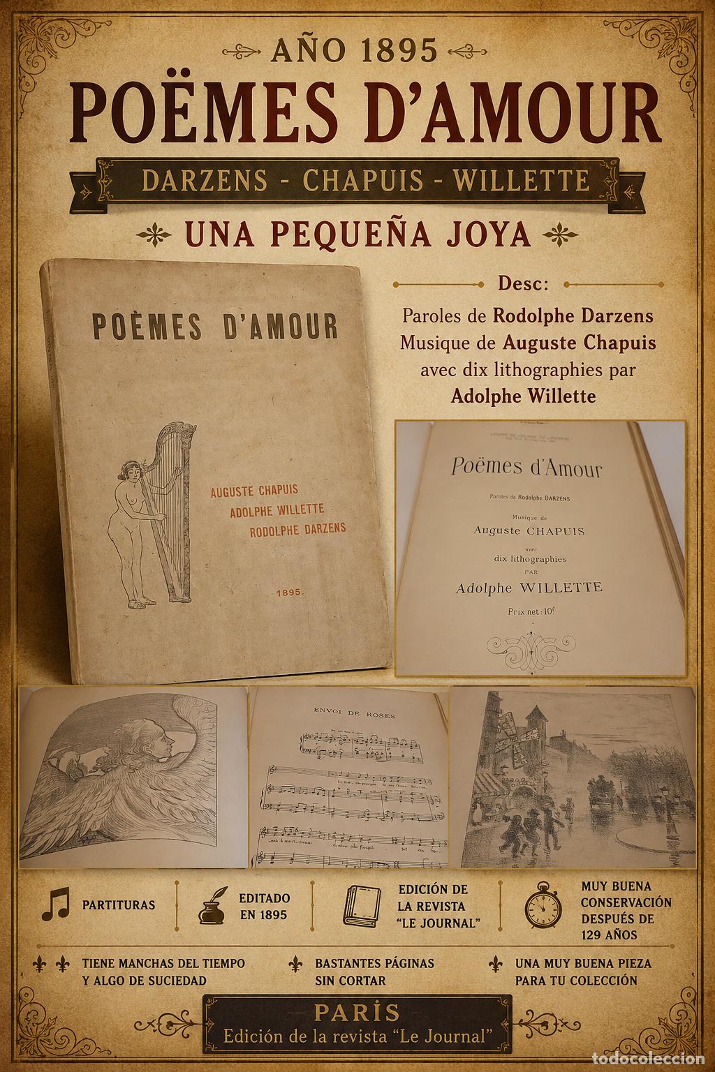 Libros antiguos: A&Ntilde;O 1895 &middot; PO&Euml;MES D&rsquo;AMOUR &middot; DARZENS / CHAPUIS / WILLETTE &middot; PARTITURAS Y LITOGRAF&Iacute;AS &middot; PAR&Iacute;S