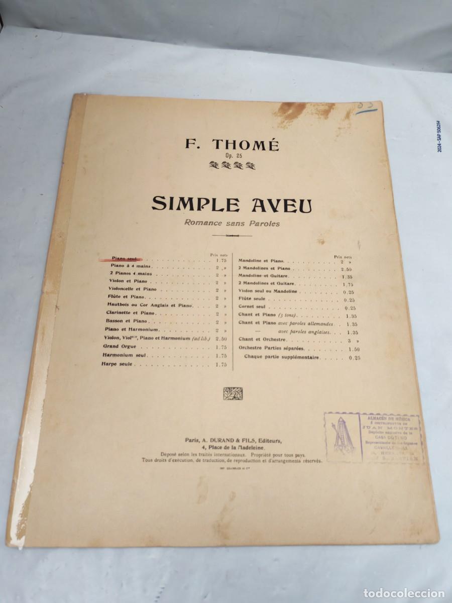 Libri antichi: SIMPLE AVEU: Romance sans paroles Op. 25 par F. Thom&eacute; (edici&oacute;n 1900 aprox.)