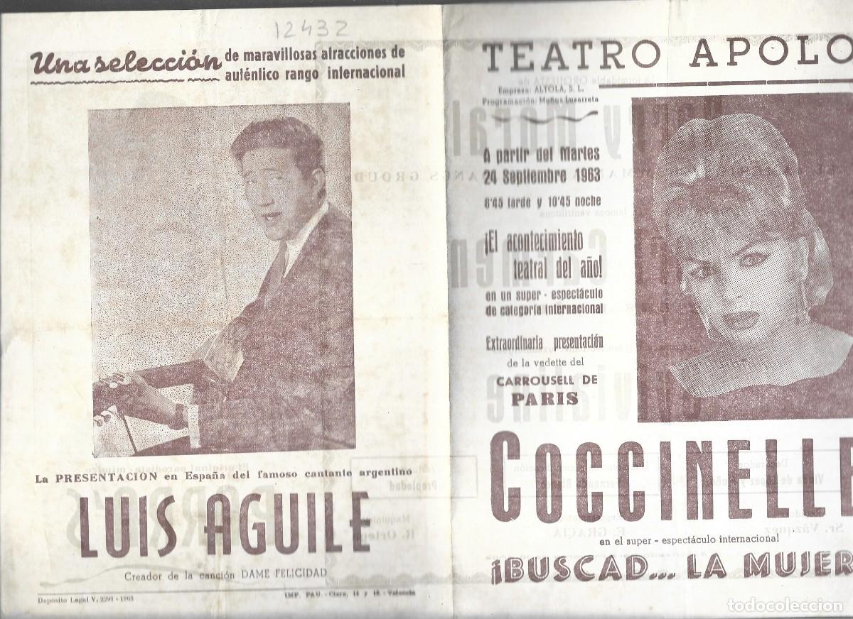 Libros antiguos: PROGRAMA teatro Apolo VALENCIA septiembre 1963, COCCINELLE, LUIS AGUILE,