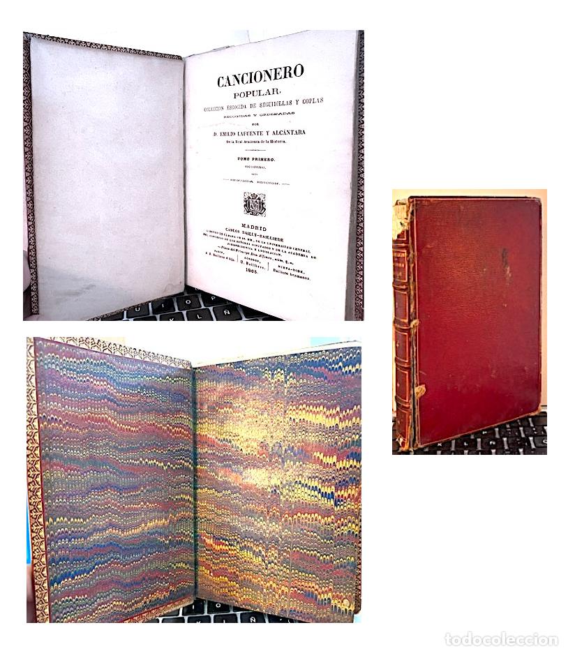 Libros antiguos: Lafuente Alc&aacute;ntara : Cancionero popular, Tomo I (1865) Piel, guardas, cortes dorados. (Seguidillas