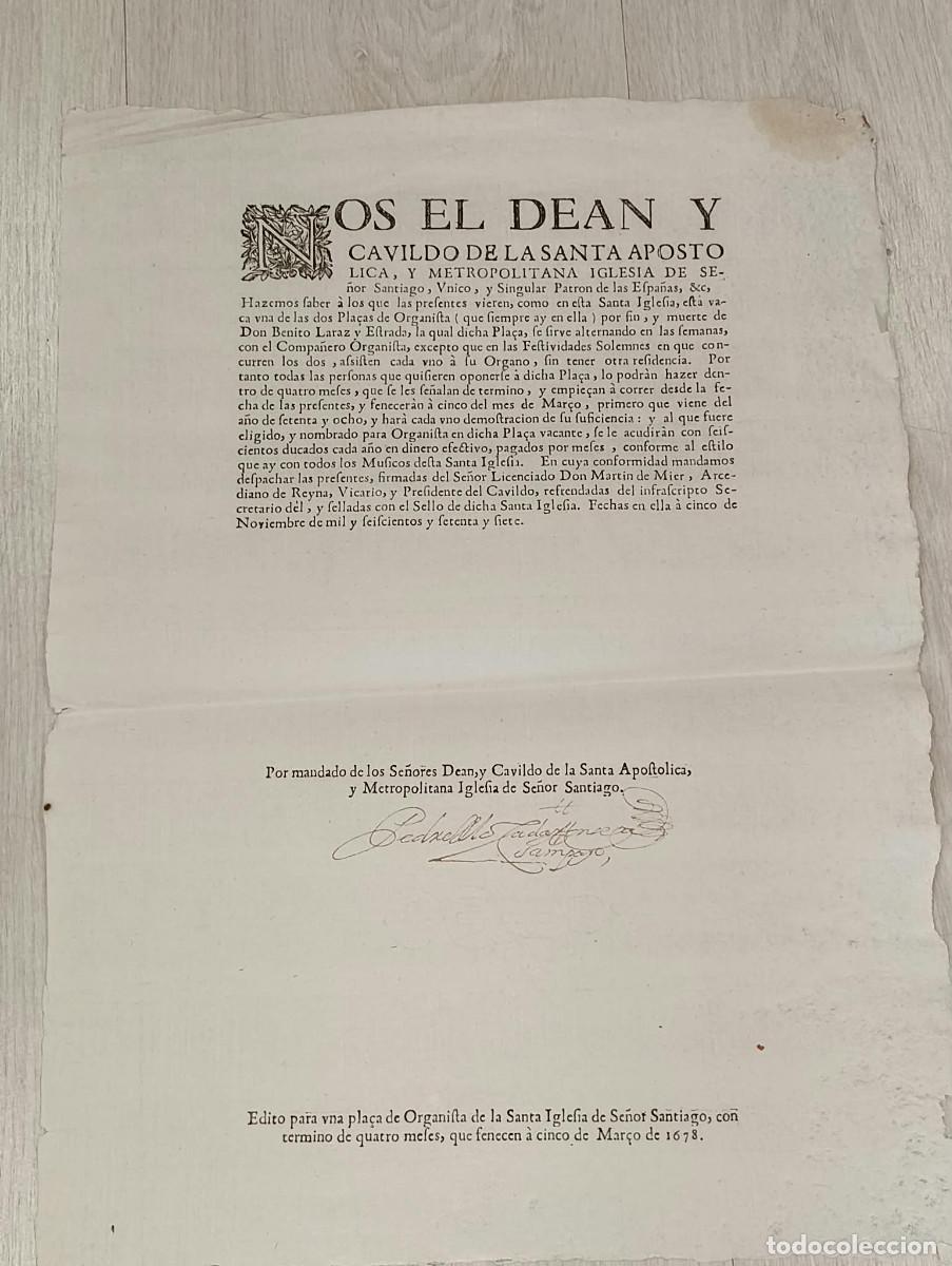 Libros antiguos: Edi[c]to (sic) para una pla&ccedil;a de Organista de la Santa Iglesia de Se&ntilde;or Santiago. 1677