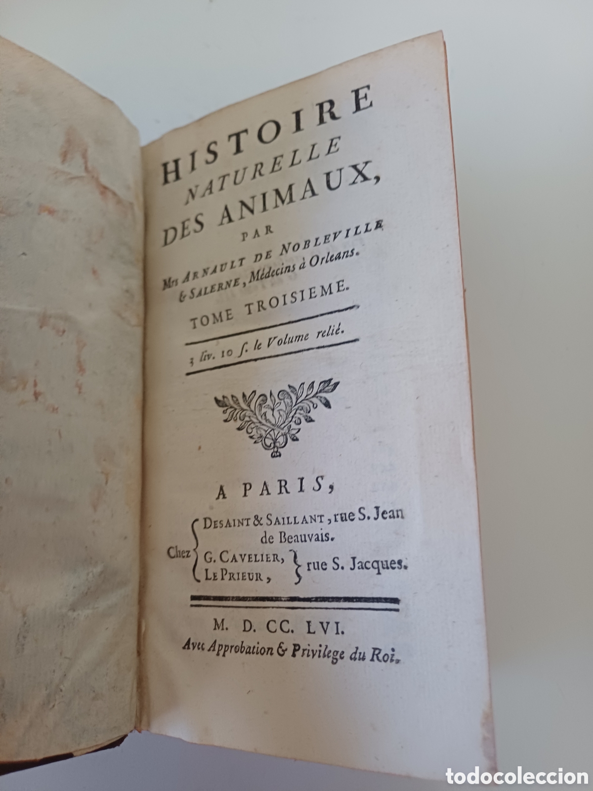 Libros antiguos: Histoire naturelle des animaux Arnault de Nobleville tomo 3 Par&iacute;s 1756